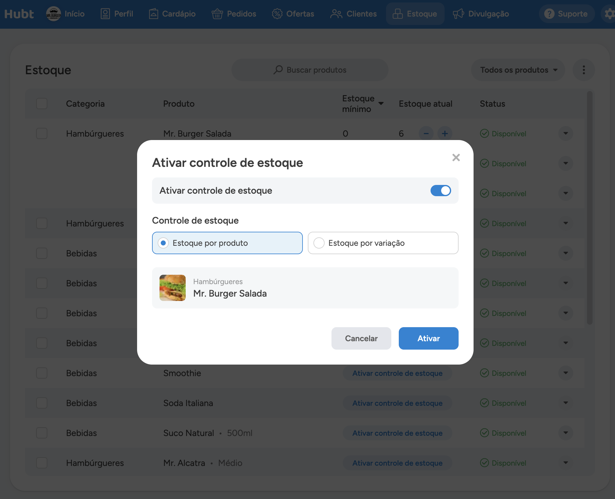 Janela Ativar controle de estoque com a opção Estoque por produto escolhida