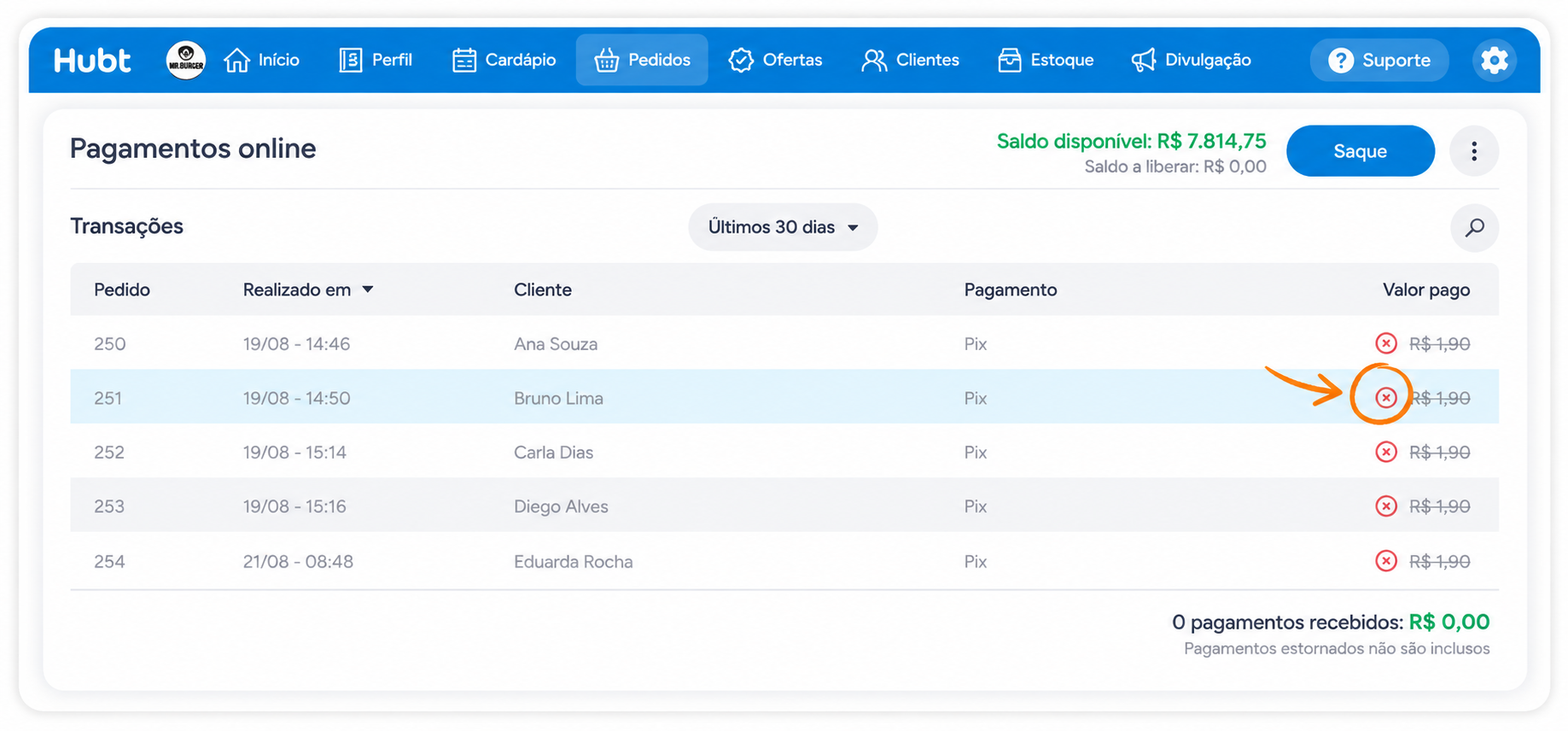 Lista de transações de Pagamentos online com o valor riscado e o ícone vermelho do estorno em destaque