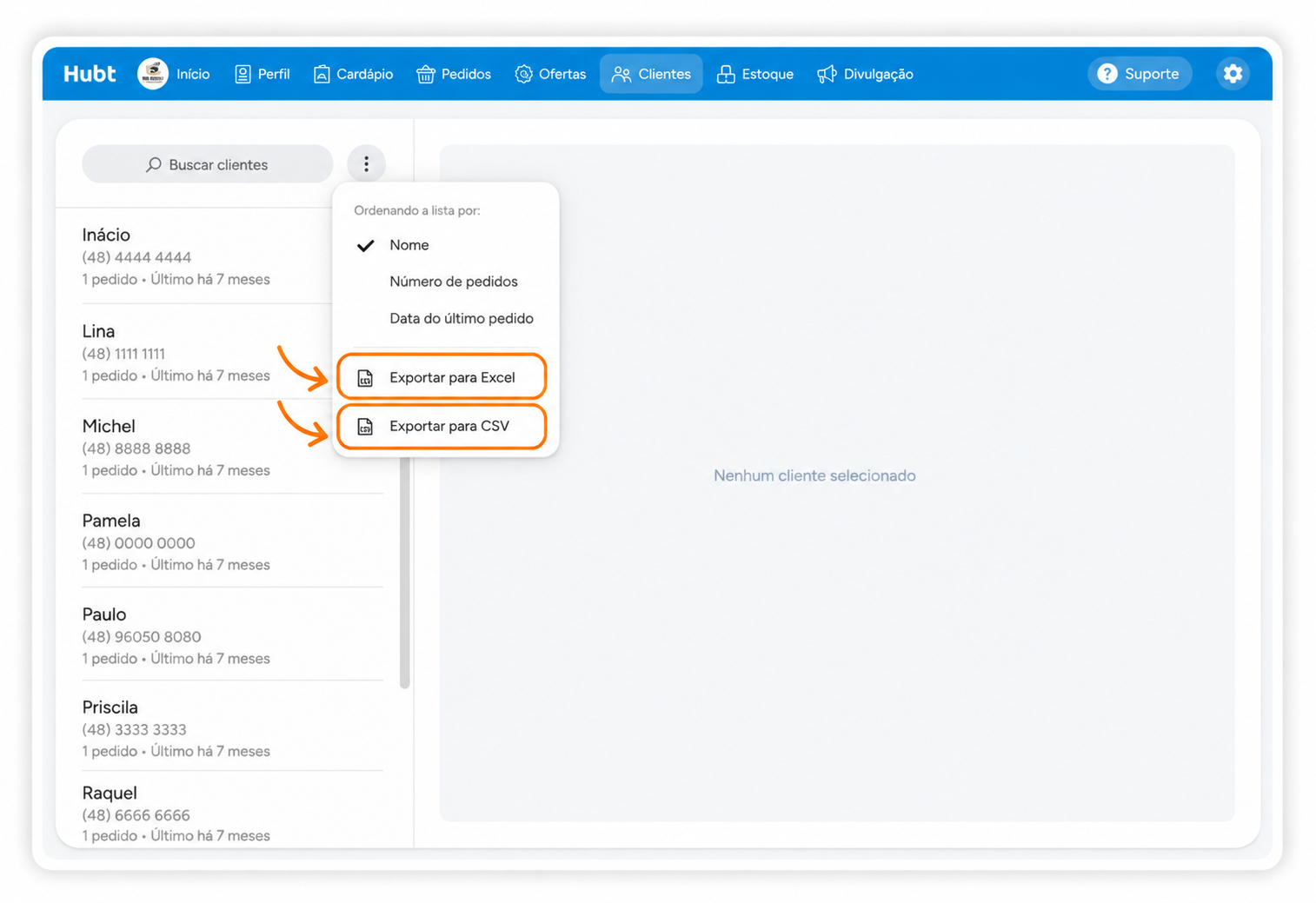 Menu dos três pontos com Exportar para Excel e Exportar para CSV destacados