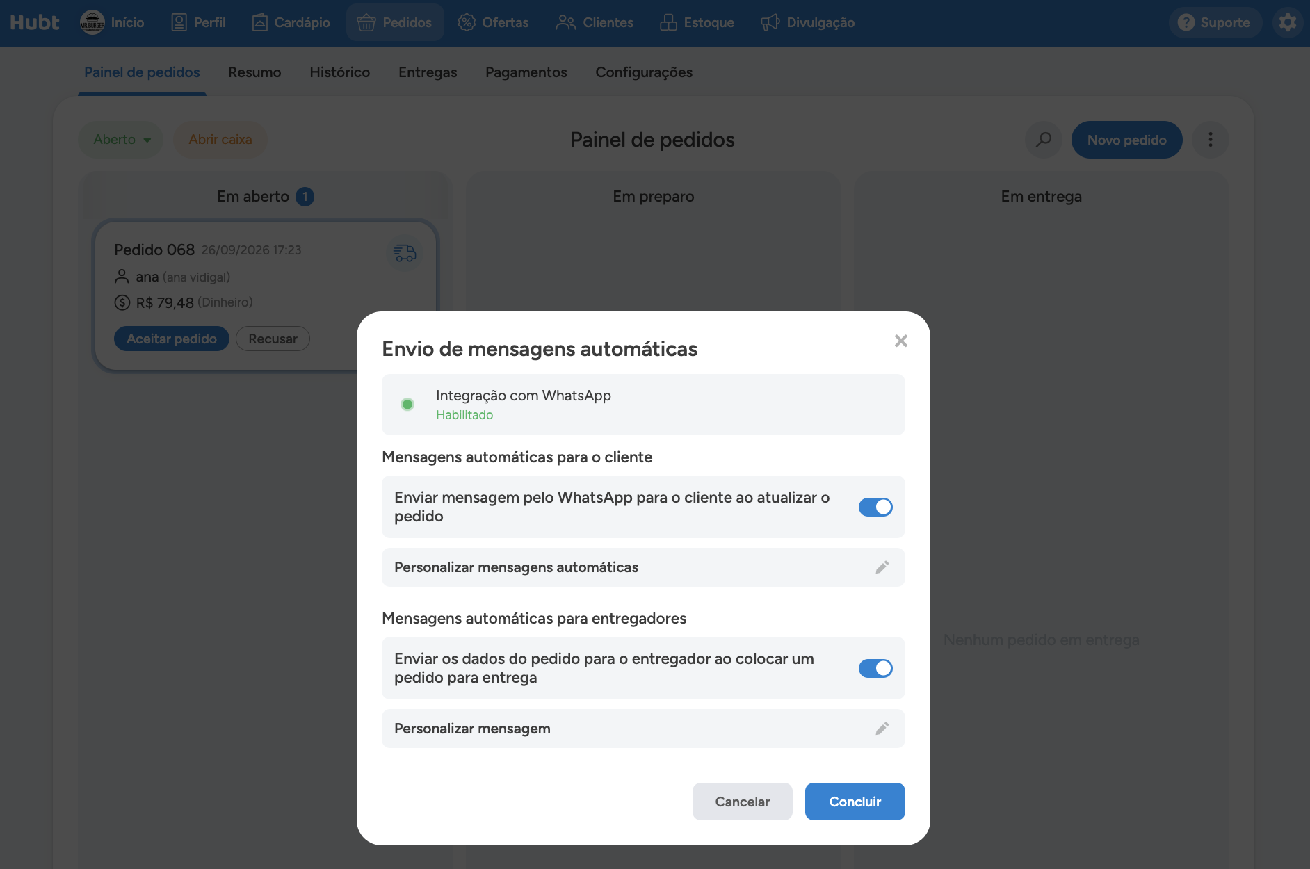 Janela Envio de mensagens automáticas com a integração com WhatsApp habilitada e as chaves das mensagens para o cliente e para o entregador
