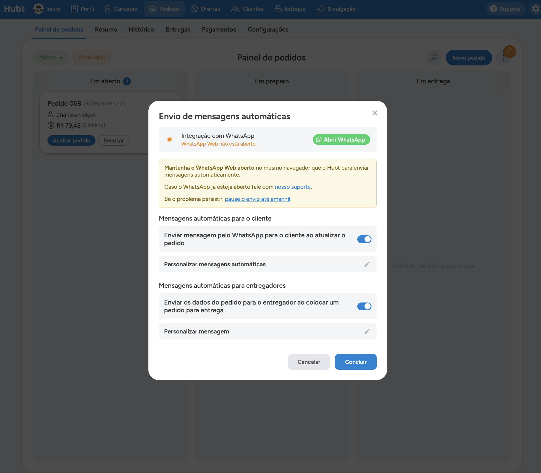 Janela Envio de mensagens automáticas com o aviso de que o WhatsApp Web não está aberto, o botão Abrir WhatsApp e a opção de pausar o envio até amanhã