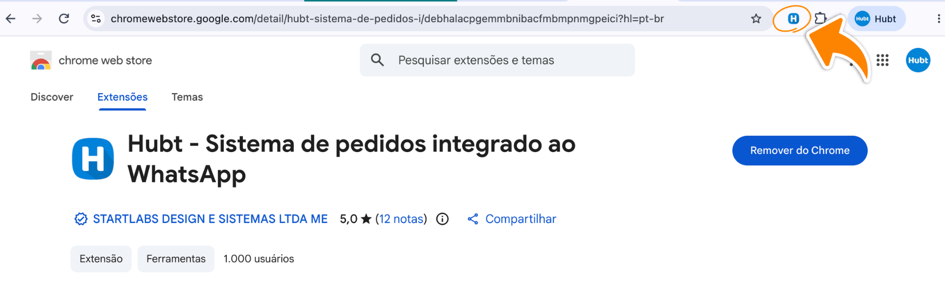 Barra do navegador com o ícone do Hubt fixado