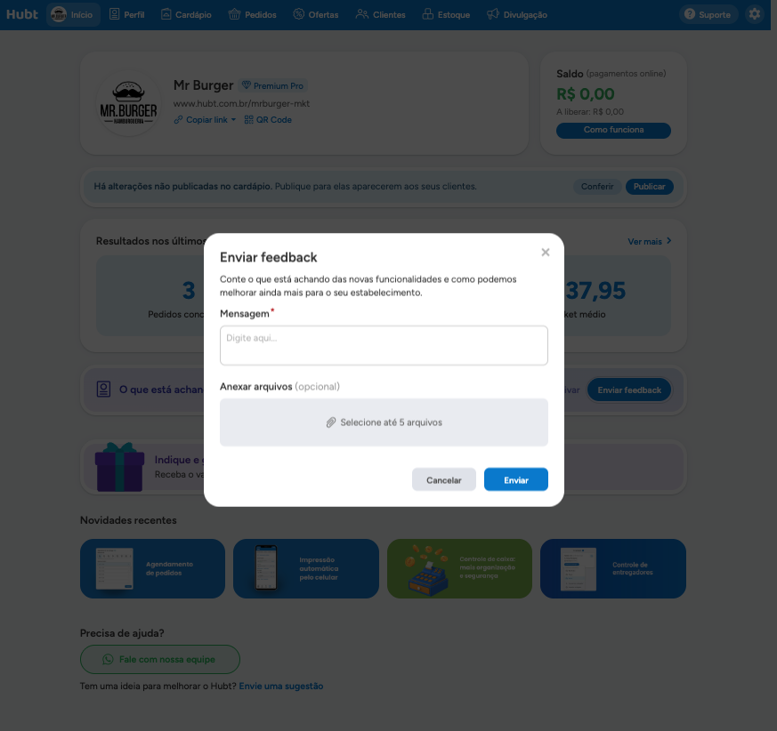 Janela Enviar feedback, com o campo de mensagem e a opção de anexar arquivos