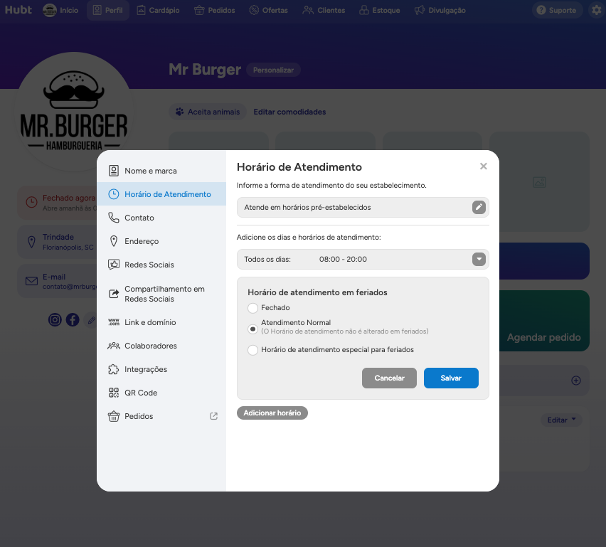 Bloco Horário de atendimento em feriados com as três opções e o botão Salvar