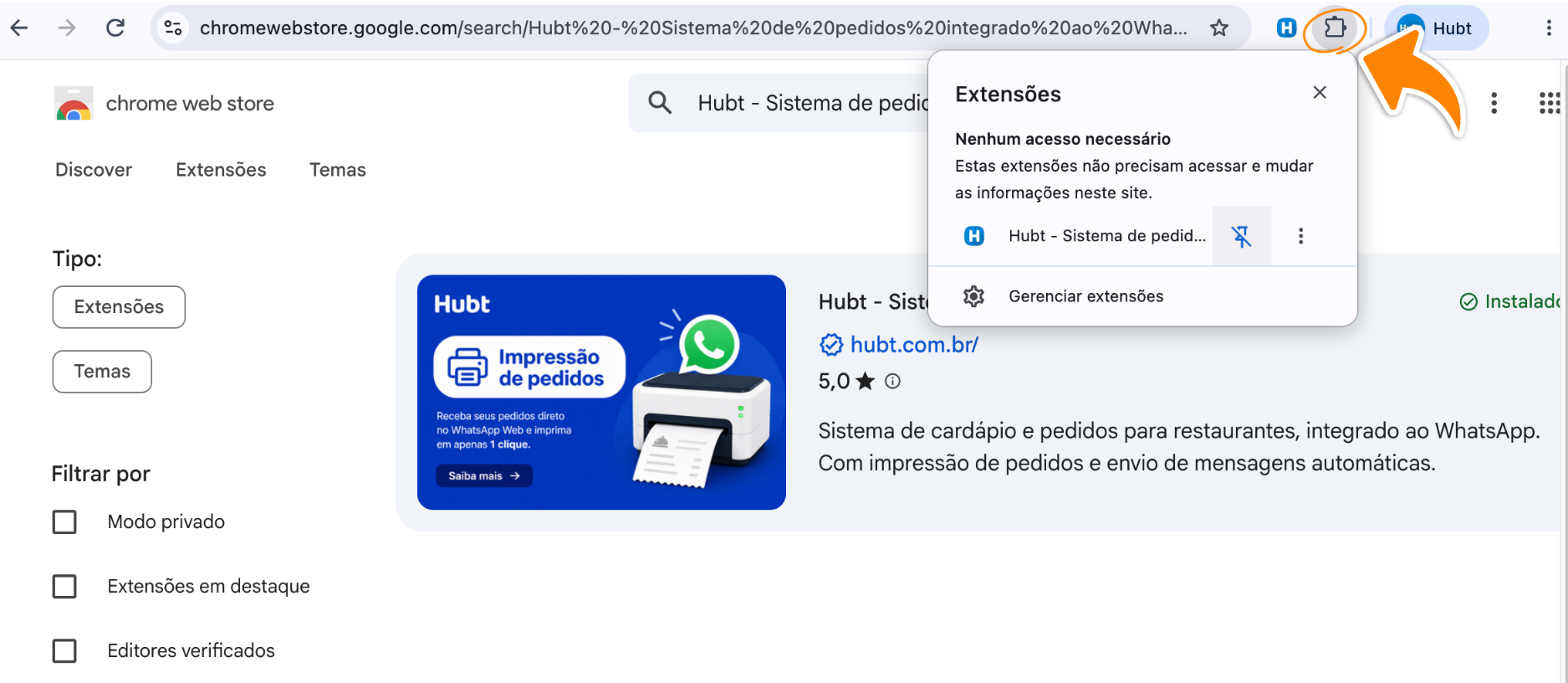 Painel Extensões do Chrome aberto, com o Hubt na lista e o alfinete para fixar na barra