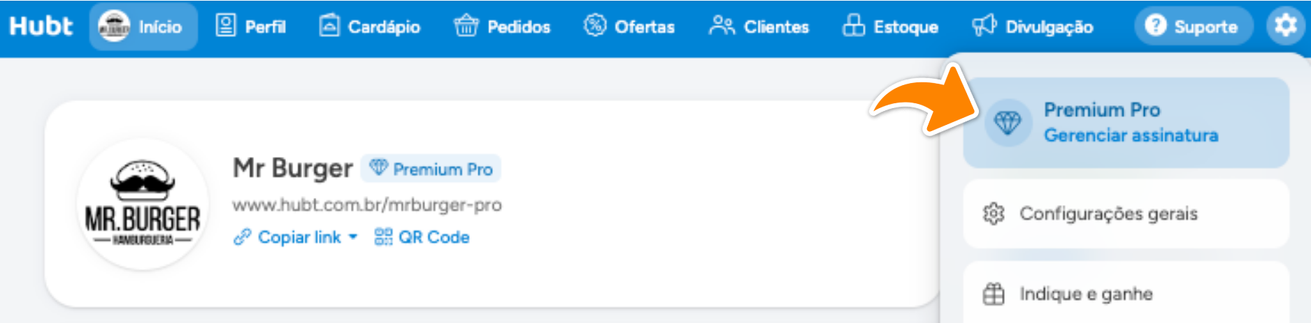 Menu da engrenagem aberto com o bloco Premium Pro e o link Gerenciar assinaturas em destaque