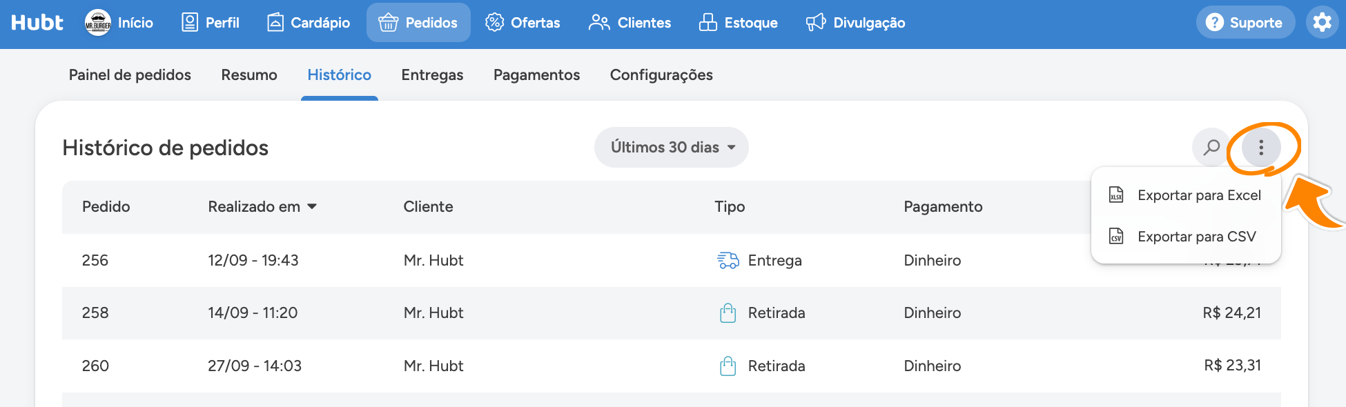 Menu dos tres pontos da aba Historico circulado, com Exportar para Excel e Exportar para CSV