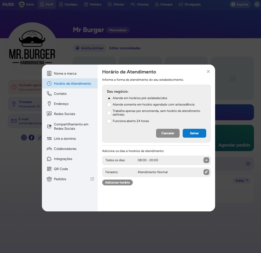Bloco Seu negócio aberto com as quatro formas de atendimento e a primeira opção marcada