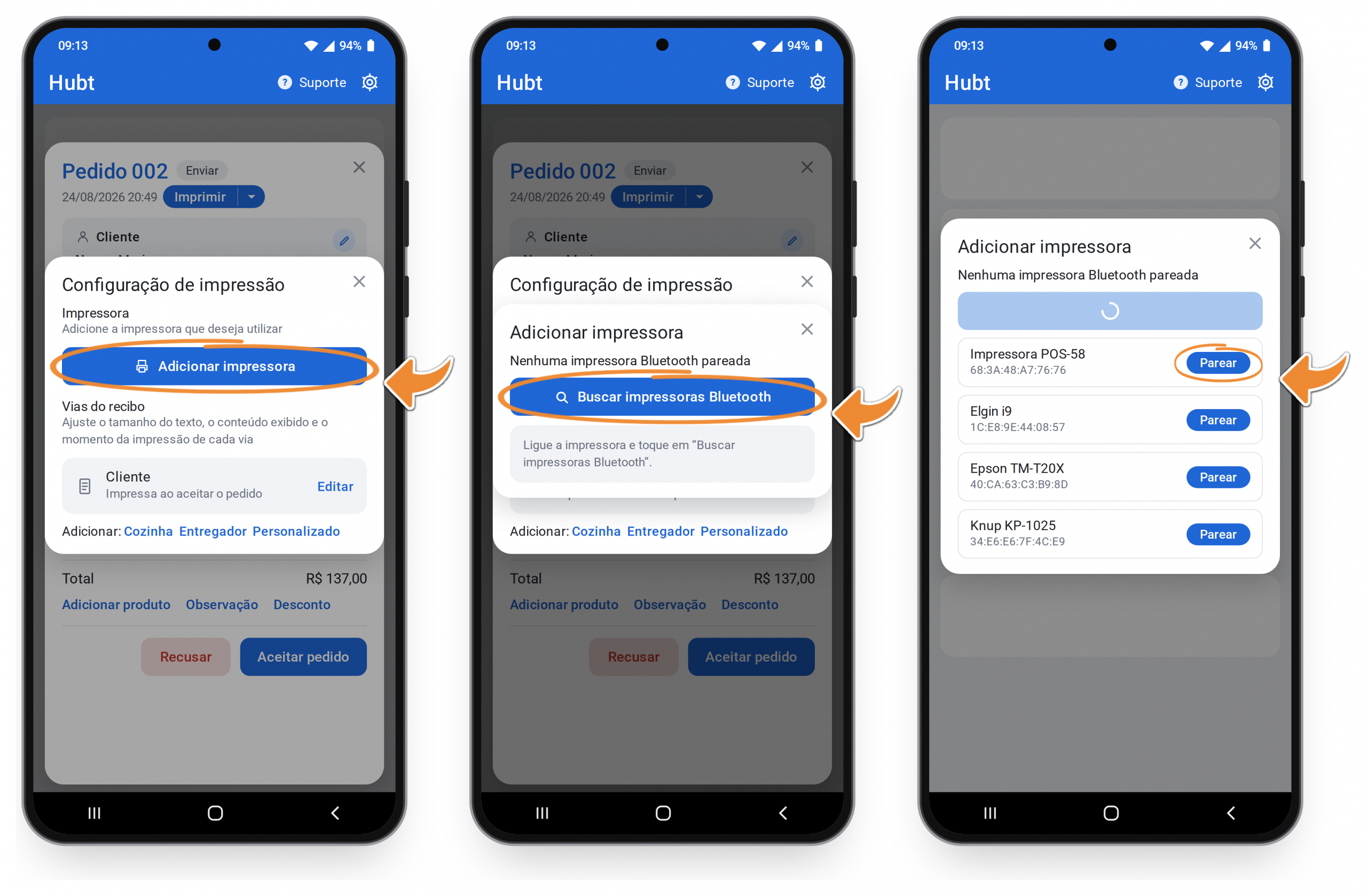 Três telas do aplicativo: o botão Adicionar impressora, o botão Buscar impressoras Bluetooth e a lista de impressoras encontradas com o botão Parear