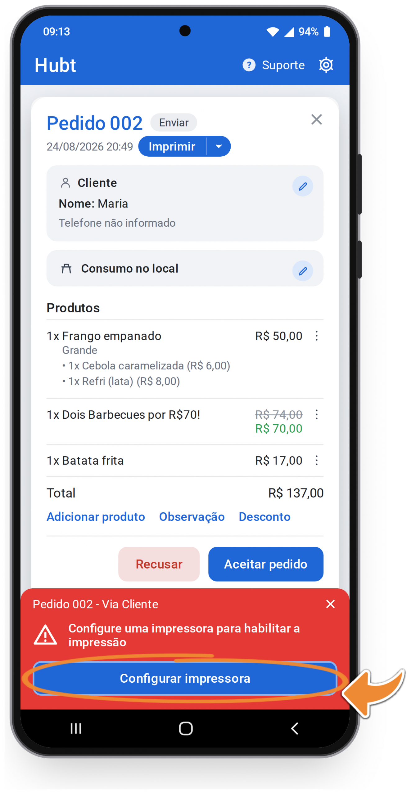 Tela do pedido no aplicativo, com o aviso vermelho Configure uma impressora para habilitar a impressão e o botão Configurar impressora
