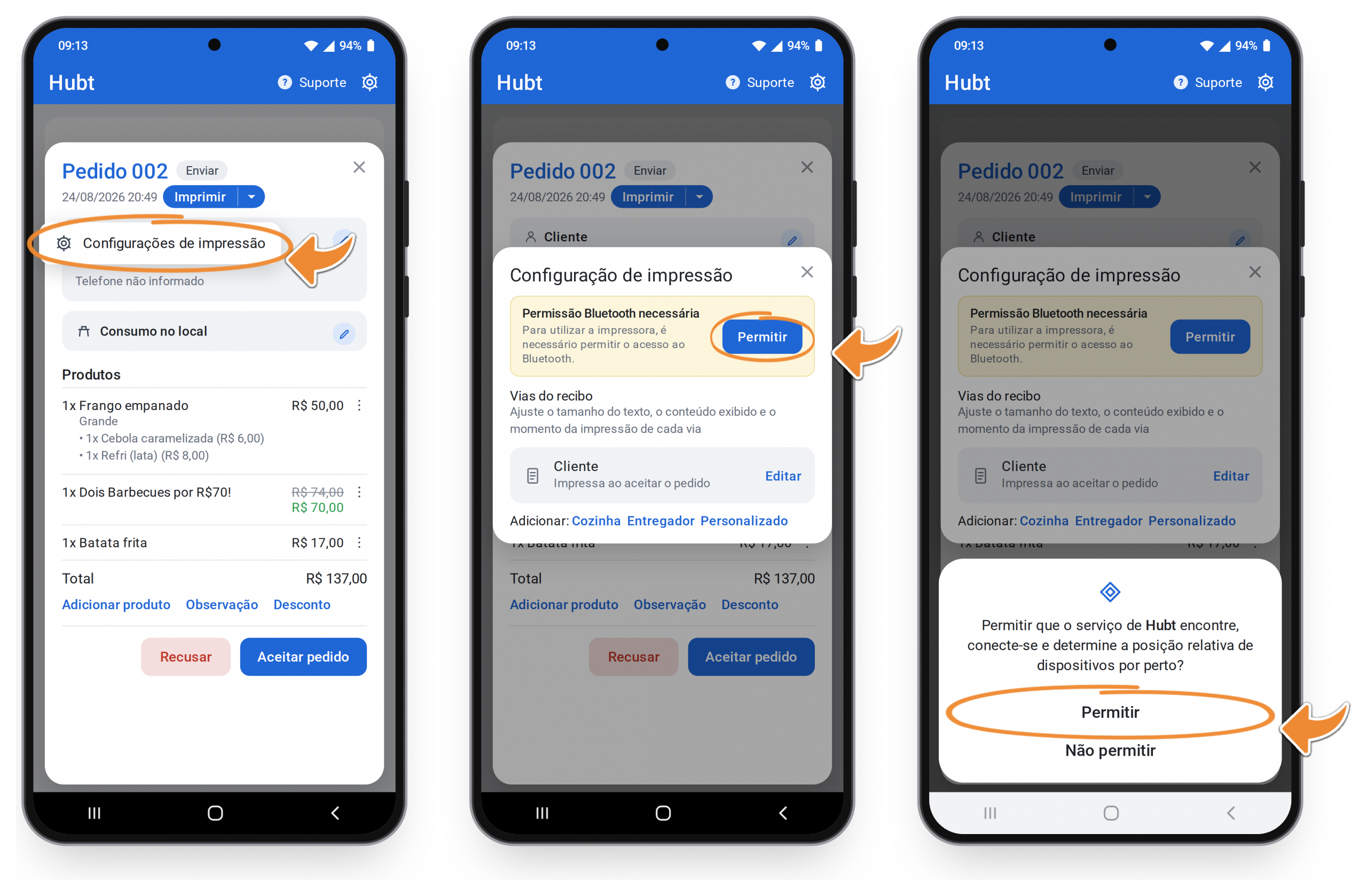 Três telas do aplicativo: o menu Configurações de impressão, o aviso Permissão Bluetooth necessária e a janela do Android pedindo para permitir o acesso