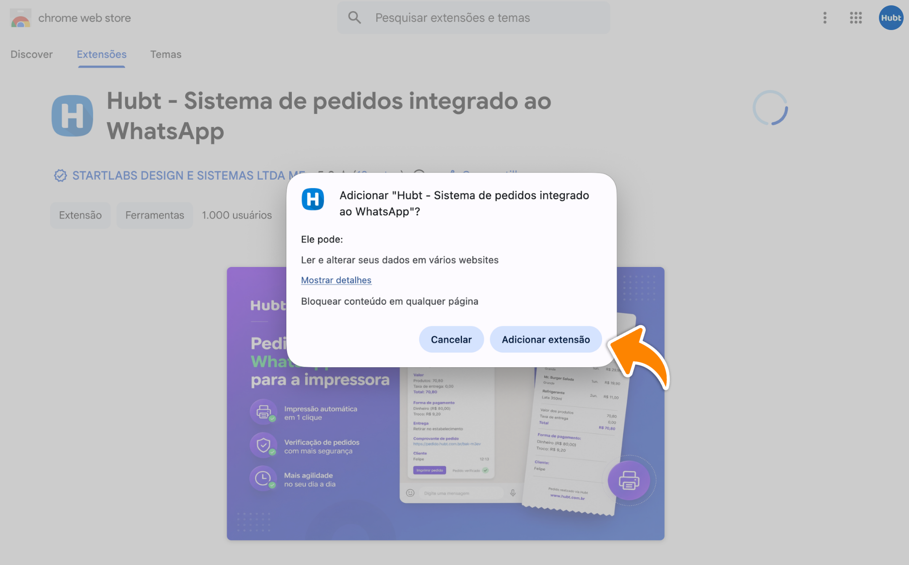 Caixa do Chrome perguntando se quer adicionar a extensão do Hubt, com a lista de permissões e a seta no botão Adicionar extensão