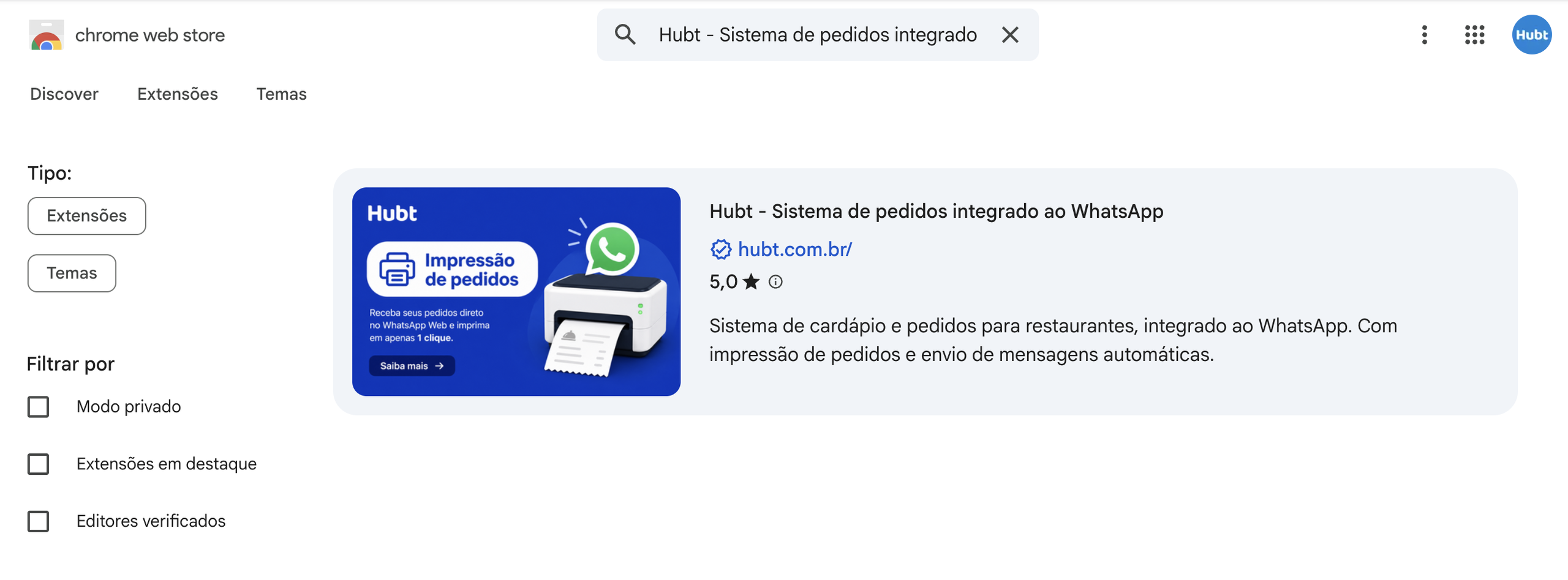 Busca por Hubt na Chrome Web Store, com a extensão Hubt Sistema de pedidos integrado ao WhatsApp no resultado