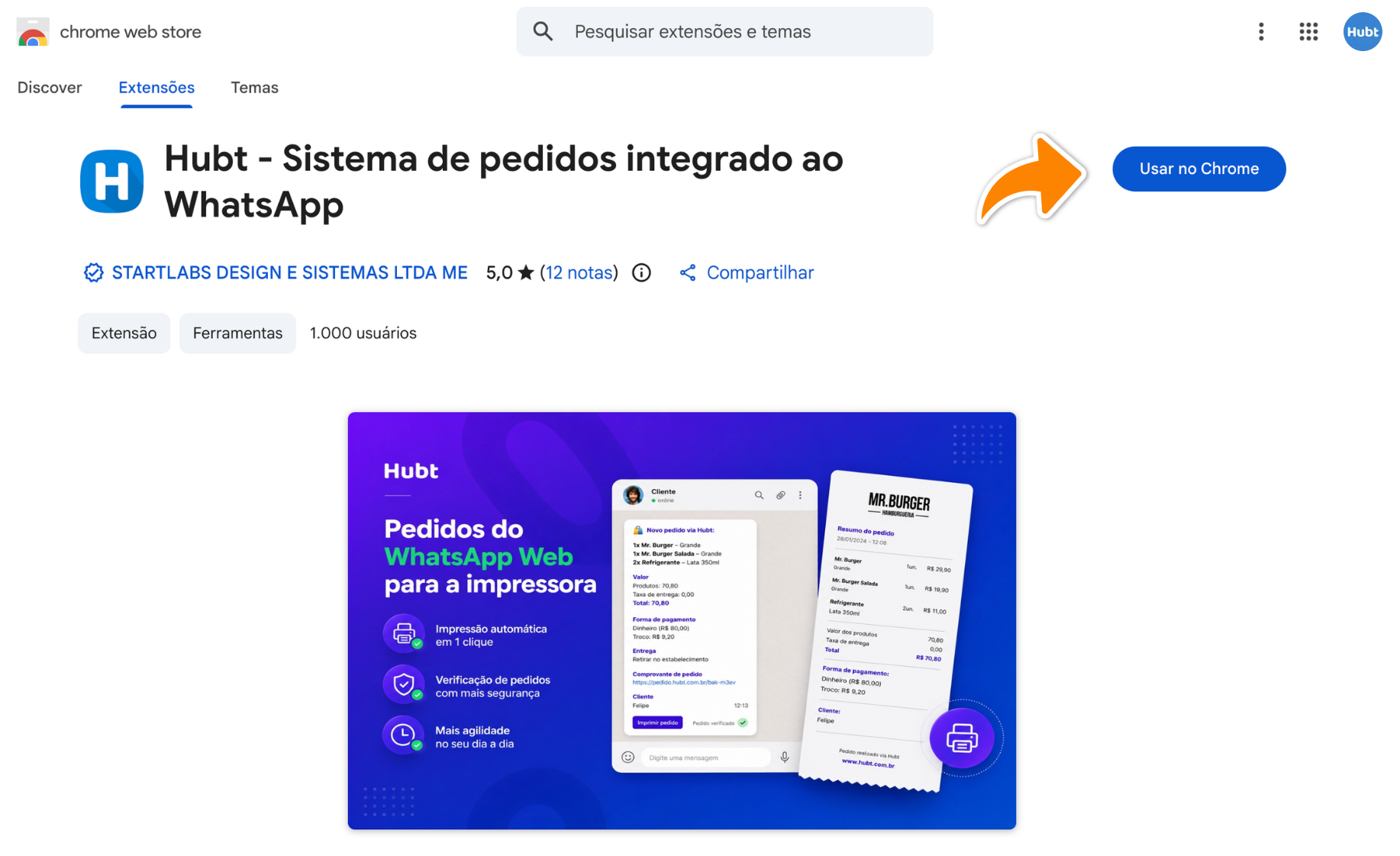 Página da extensão do Hubt na Chrome Web Store com a seta laranja no botão Usar no Chrome