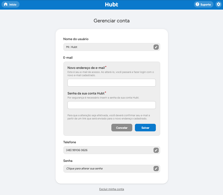 Campo do e-mail aberto para edição, com o novo endereço, a senha da conta Hubt e o aviso de confirmação por link