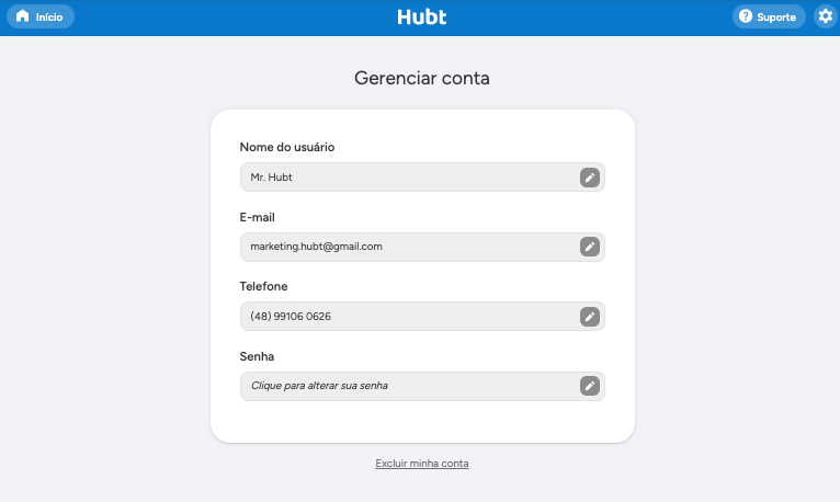 Tela Gerenciar conta com os campos nome do usuário, e-mail, telefone e senha, e o link excluir minha conta embaixo