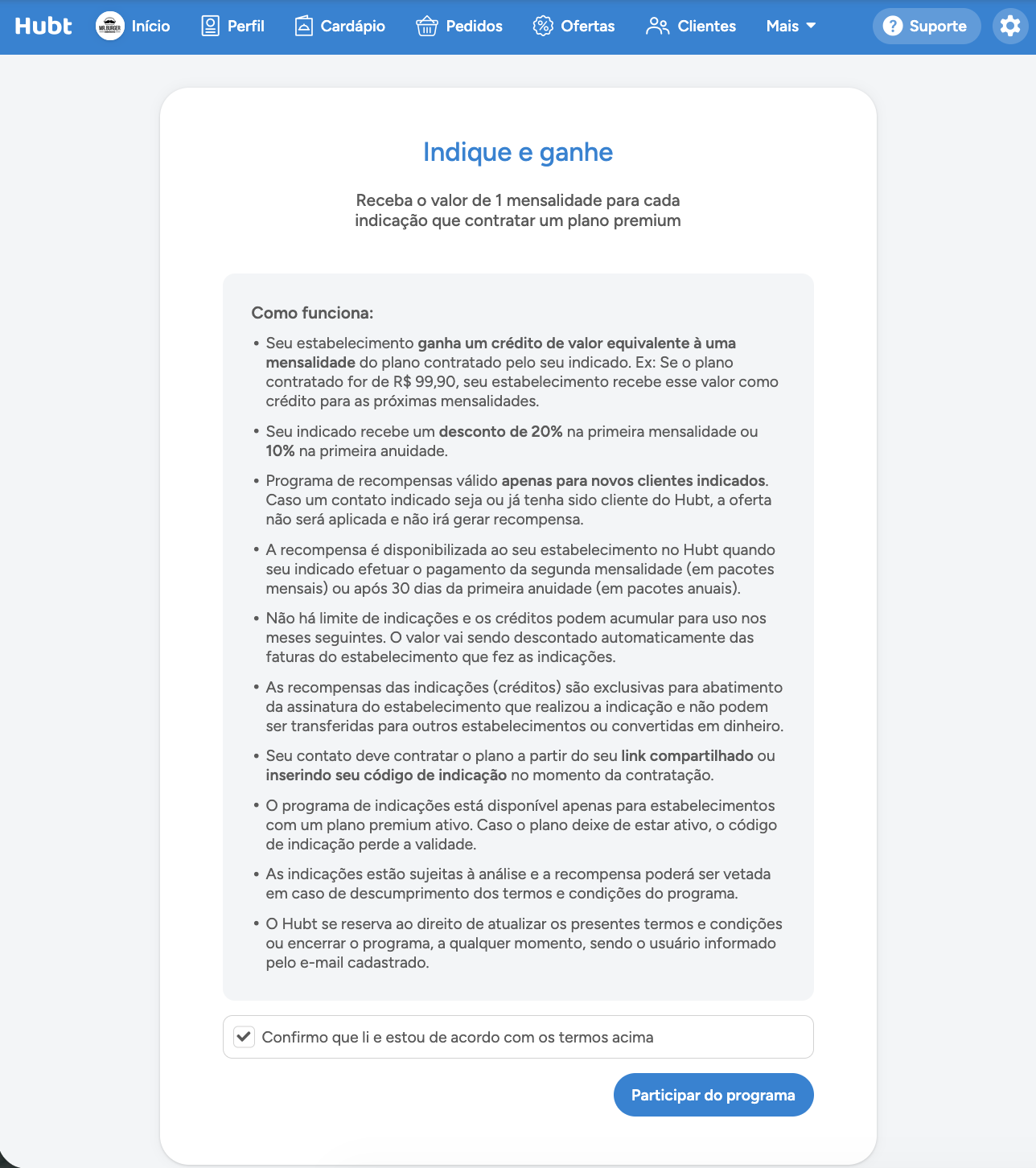 Tela de entrada do Indique e ganhe com a lista de como funciona, a confirmação dos termos e o botão Participar do programa