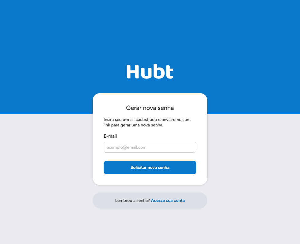 Tela Gerar nova senha com o campo de e-mail e o botão solicitar nova senha