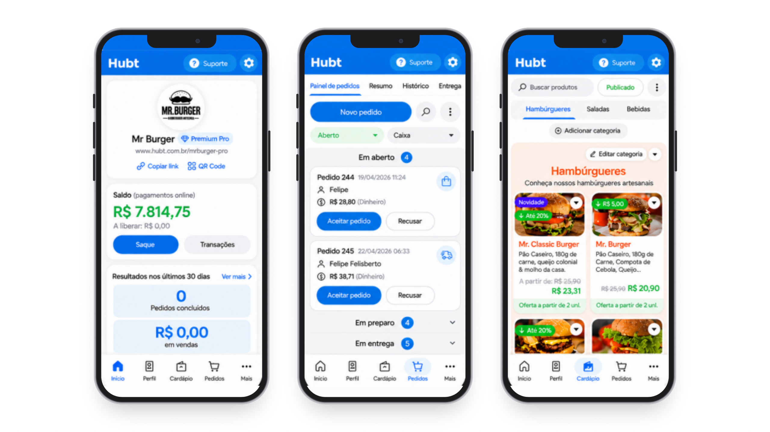 Três celulares com o app do estabelecimento: Início com saldo e resultados, Pedidos com os cartões em aberto e Cardápio com as categorias