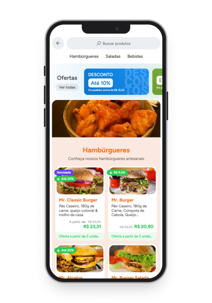 Celular mostrando o cardápio do estabelecimento, com o menu de categorias e os produtos em cartões