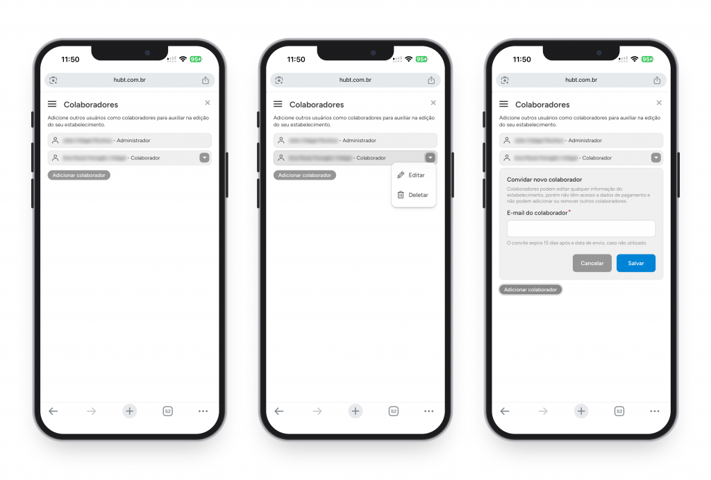 Três telas de celular: a lista de colaboradores, o menu da setinha e o formulário de convite
