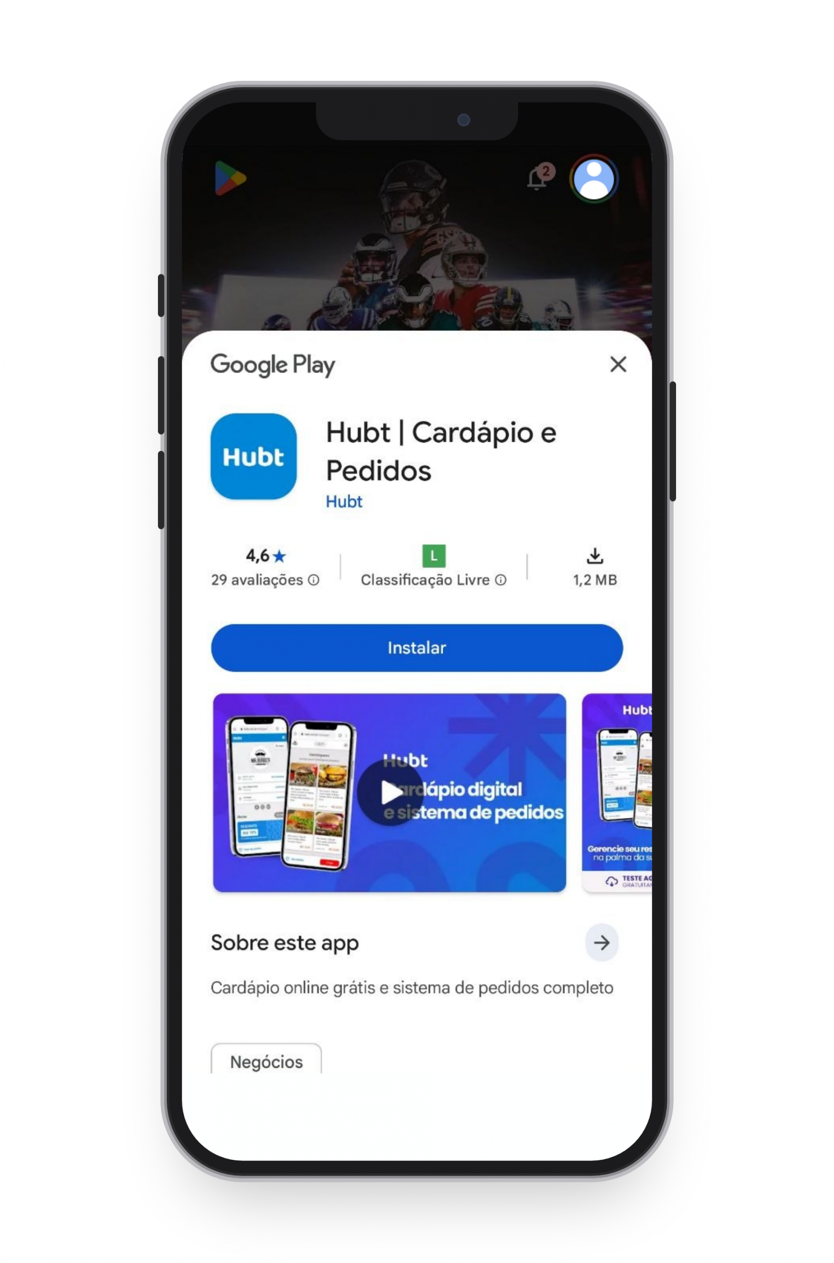 Celular mostrando a página do app Hubt na Google Play, com a nota, o tamanho do arquivo e o botão Instalar