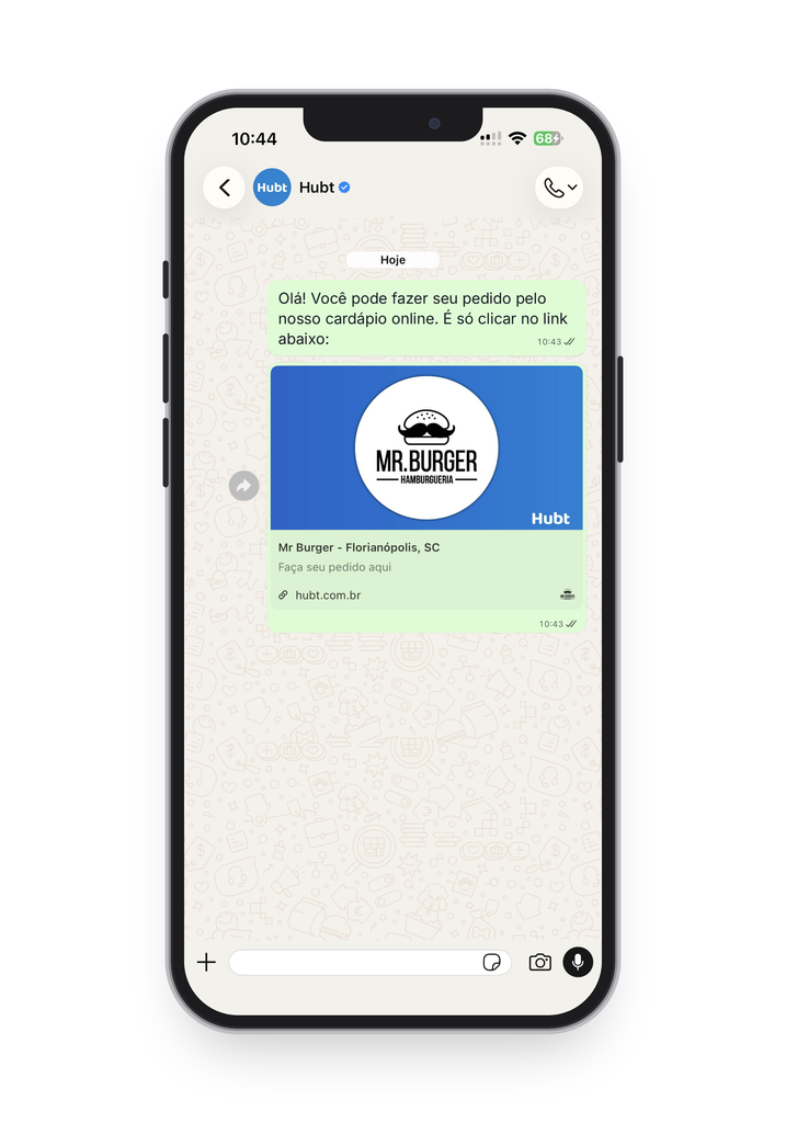 Celular com uma conversa no WhatsApp e o cartão do link do Mr Burger montado na mensagem