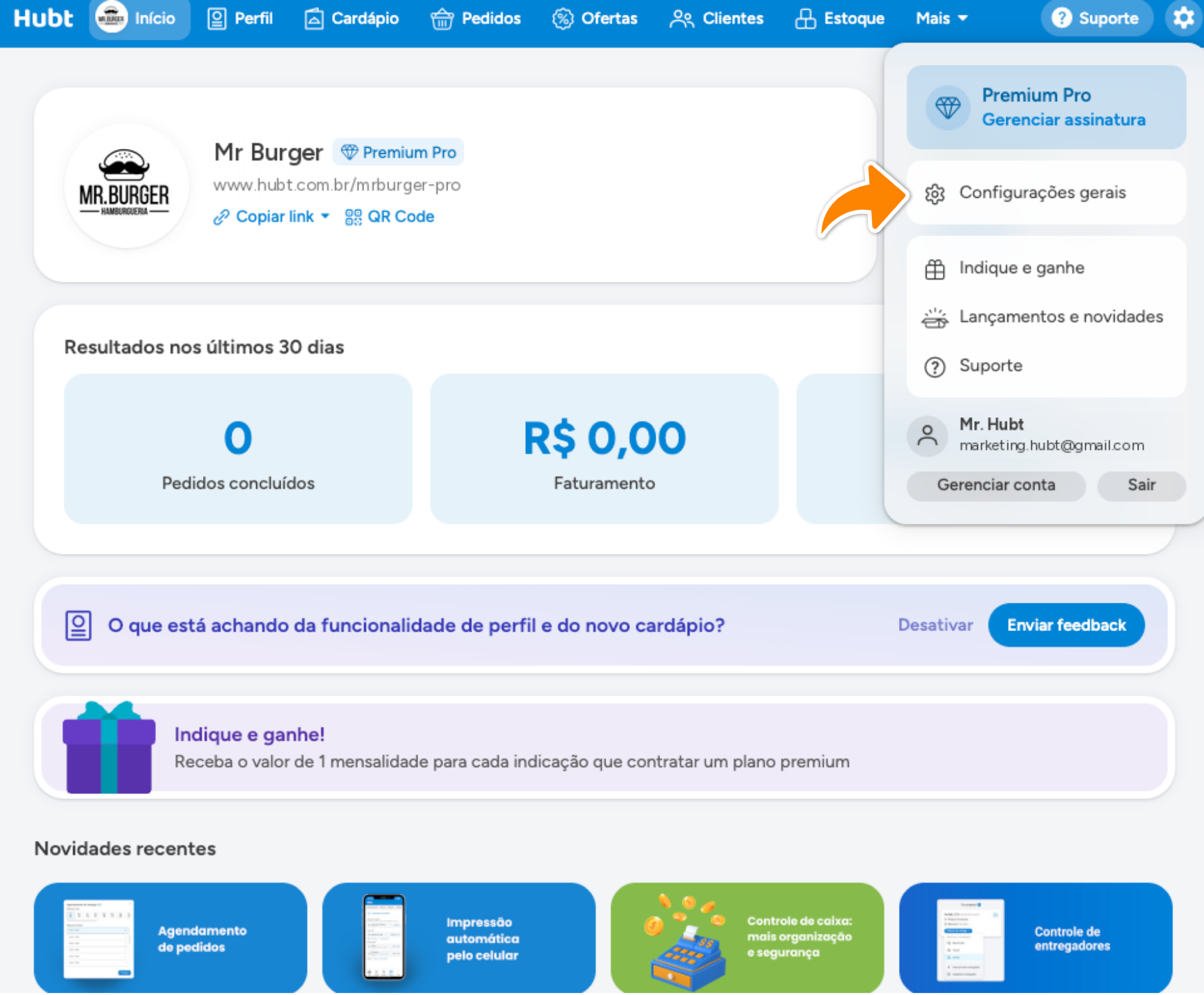 Menu da engrenagem aberto no painel, com o plano no topo, Configurações gerais, Indique e ganhe, Lançamentos e novidades, Suporte e o bloco da sua conta