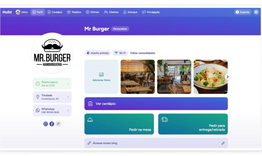 A sua página no Hubt: o perfil e o cardápio