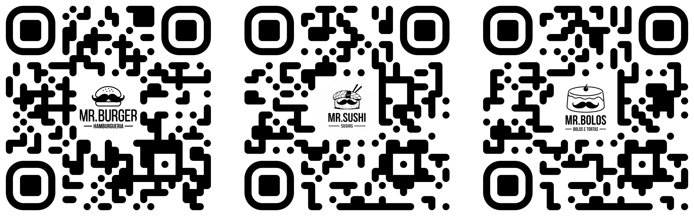 Três QR Codes gerados pelo Hubt lado a lado, cada um com a logo de um estabelecimento no meio