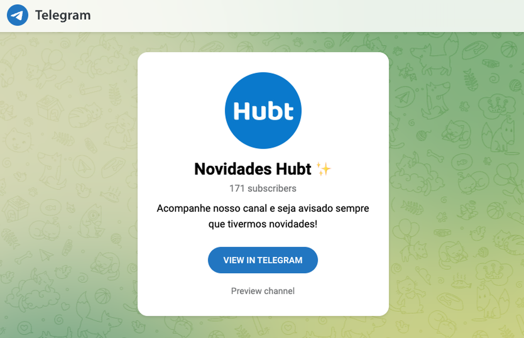 Canal Novidades Hubt no Telegram, com o botão para entrar no canal