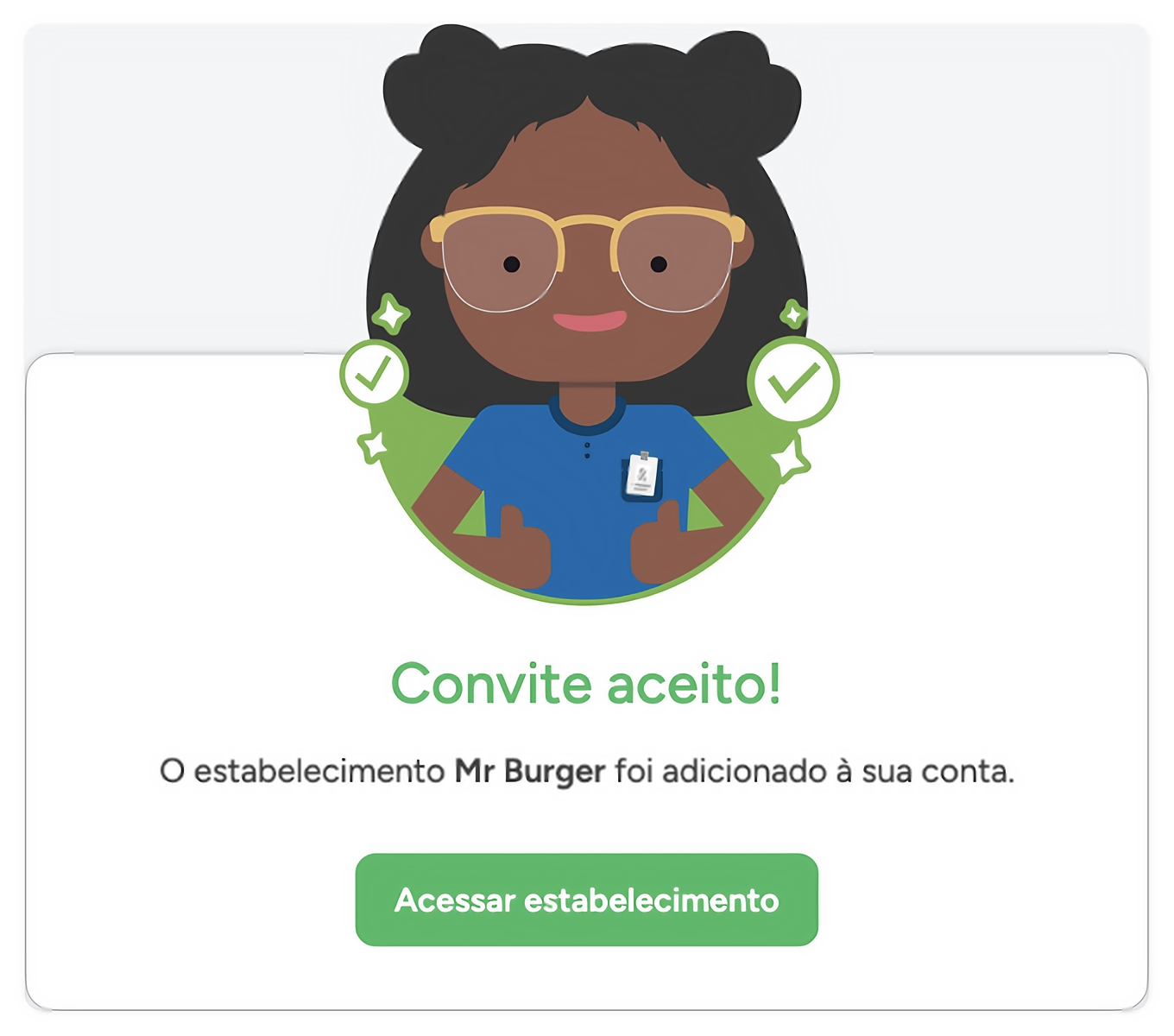 Tela Convite aceito, dizendo que o estabelecimento foi adicionado à conta