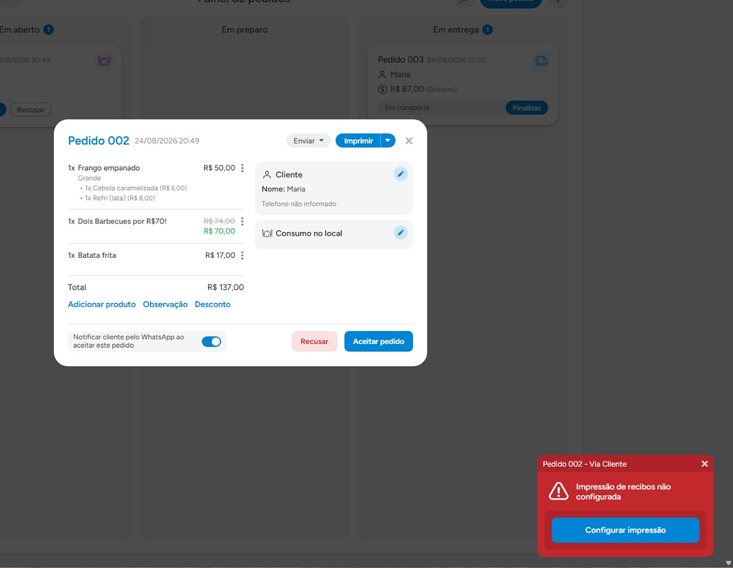 Aviso vermelho de impressão de recibos não configurada, com o botão Configurar impressora