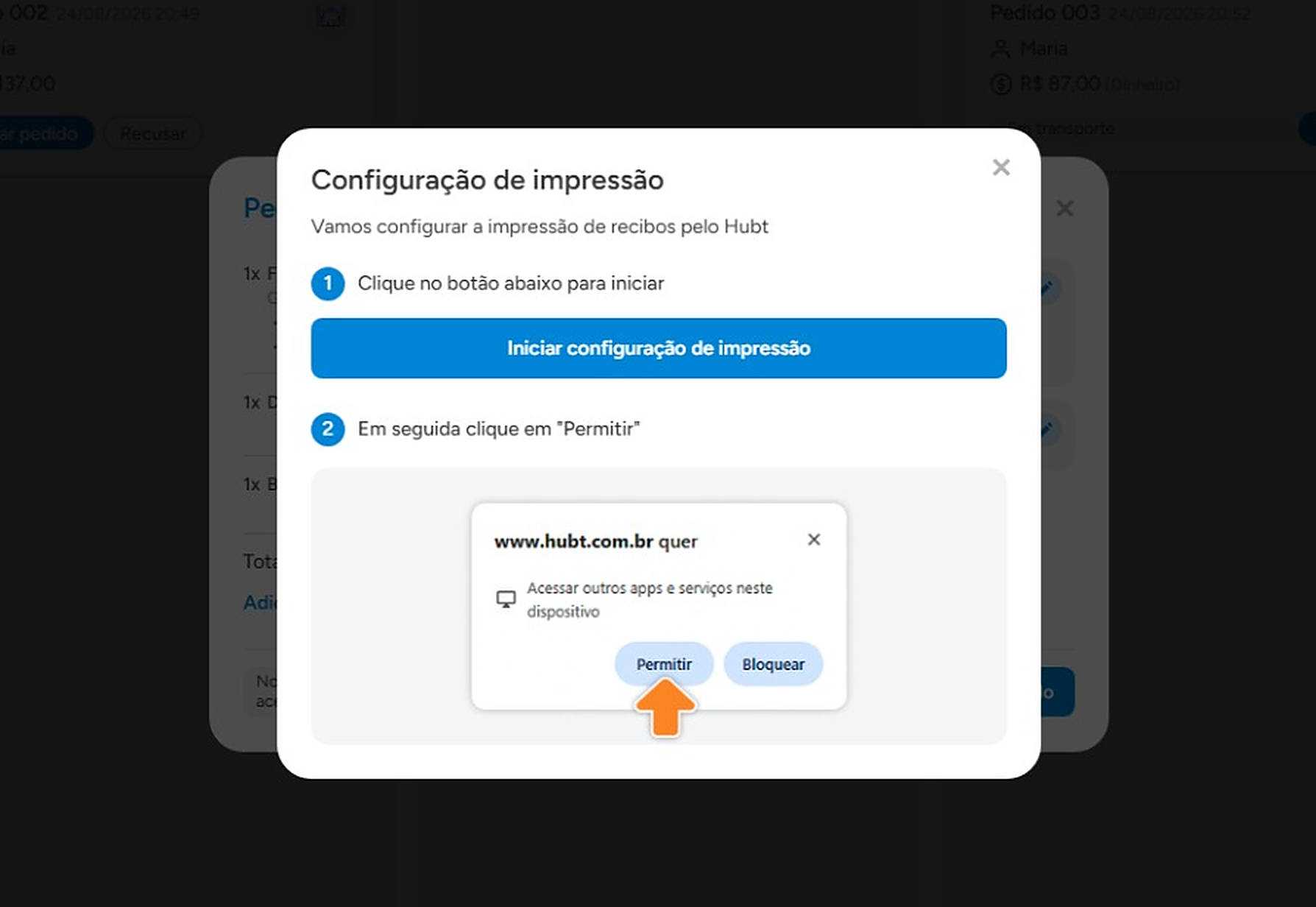 Janela Configuração de impressão com o botão Iniciar configuração de impressão