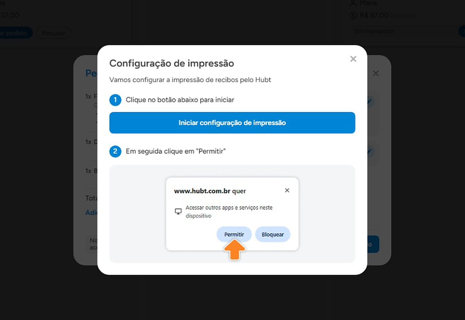 Aviso do navegador pedindo permissão para acessar outros apps no dispositivo