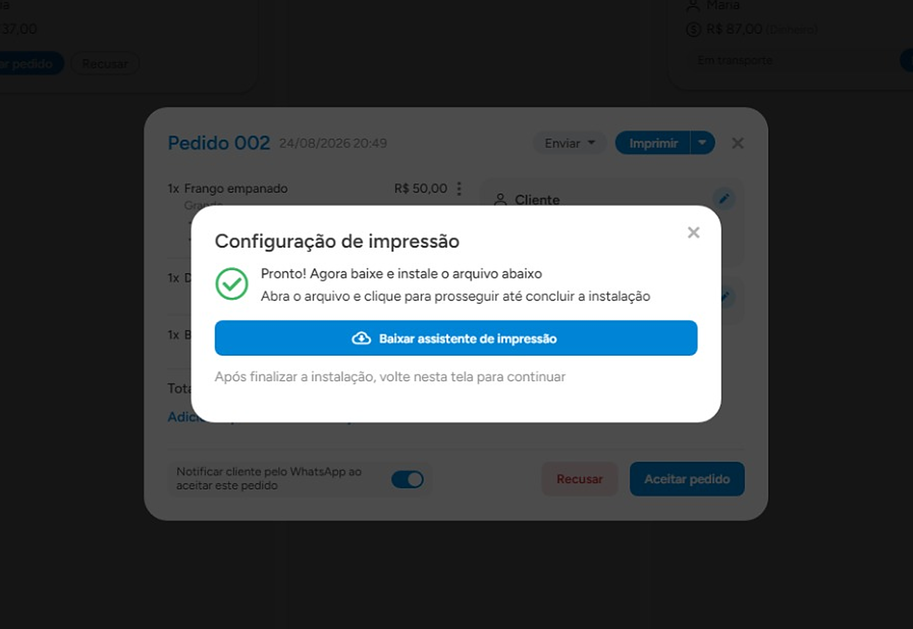 Janela com o botão Baixar assistente de impressão