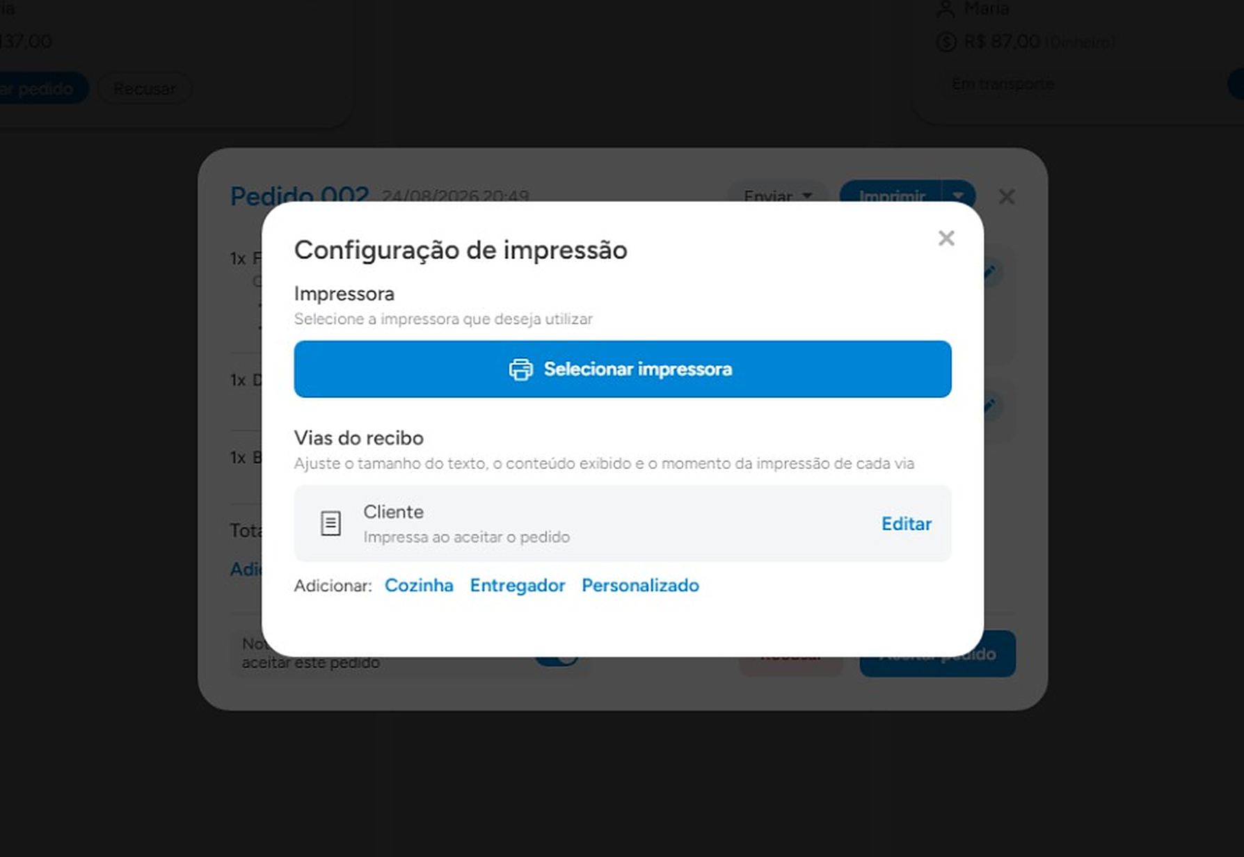 Janela Configuração de impressão com Selecionar impressora e as vias do recibo