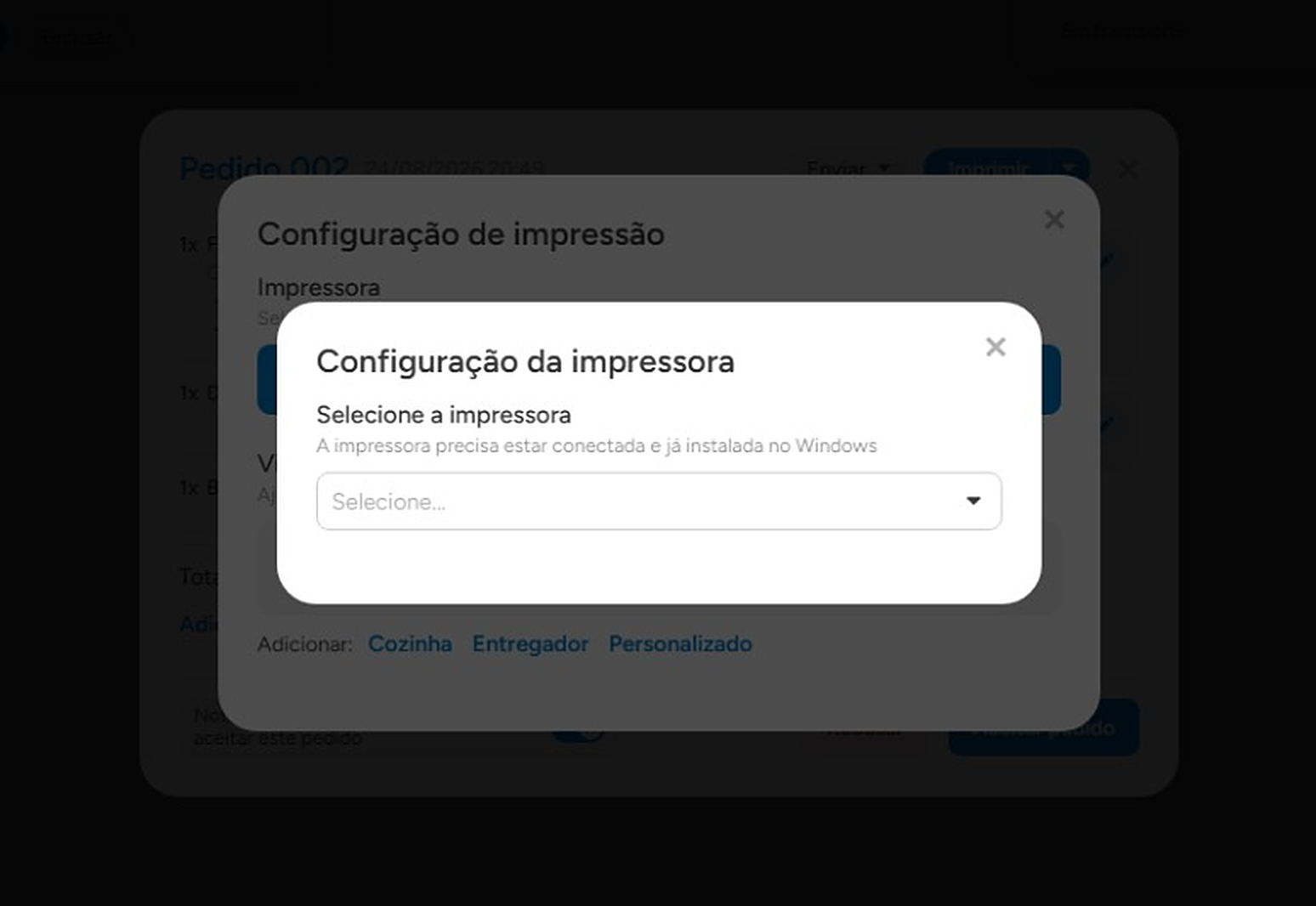 Janela Configuração da impressora com a lista de impressoras
