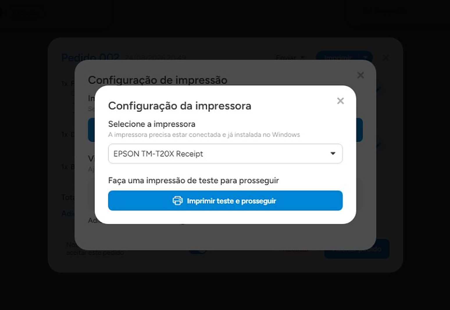 Impressora escolhida na lista e o botão Imprimir teste e prosseguir