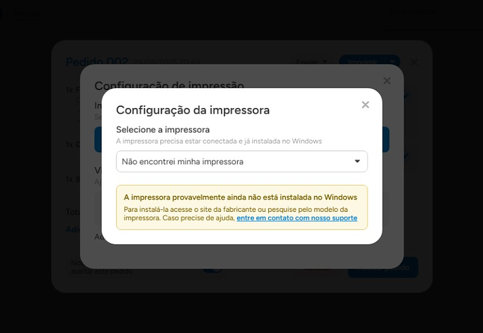 Aviso de que a impressora ainda não está instalada no Windows