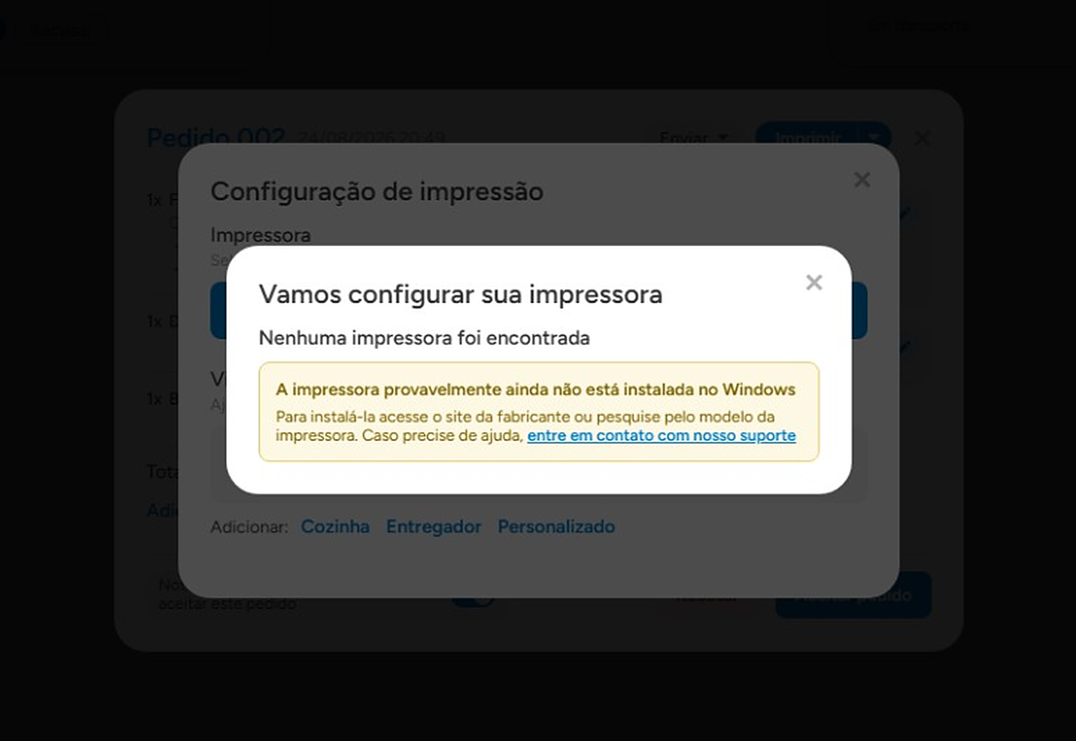 Janela avisando que nenhuma impressora foi encontrada