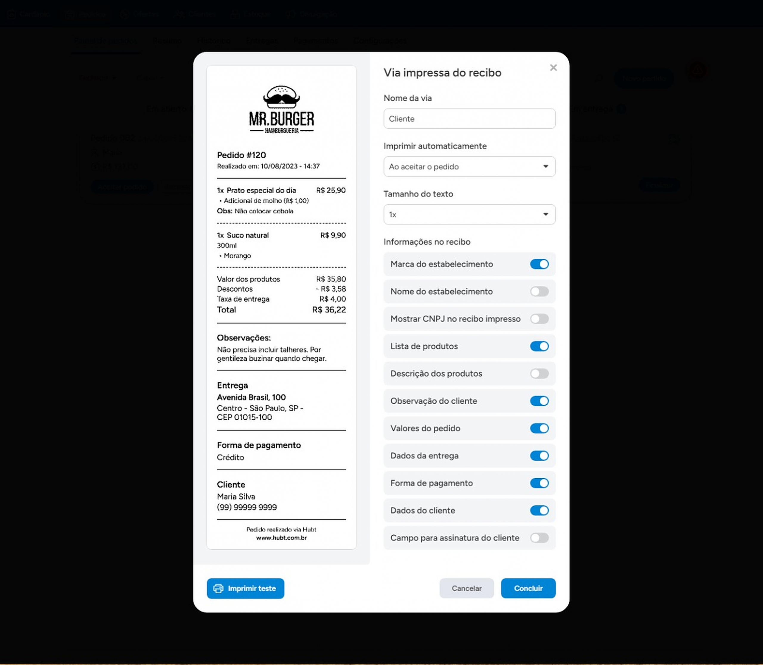 Janela Via impressa do recibo com a prévia e as informações do recibo
