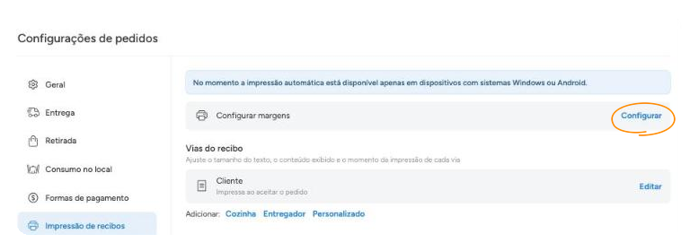 Tela de impressão de recibos no aplicativo, com o link Configurar margens em destaque
