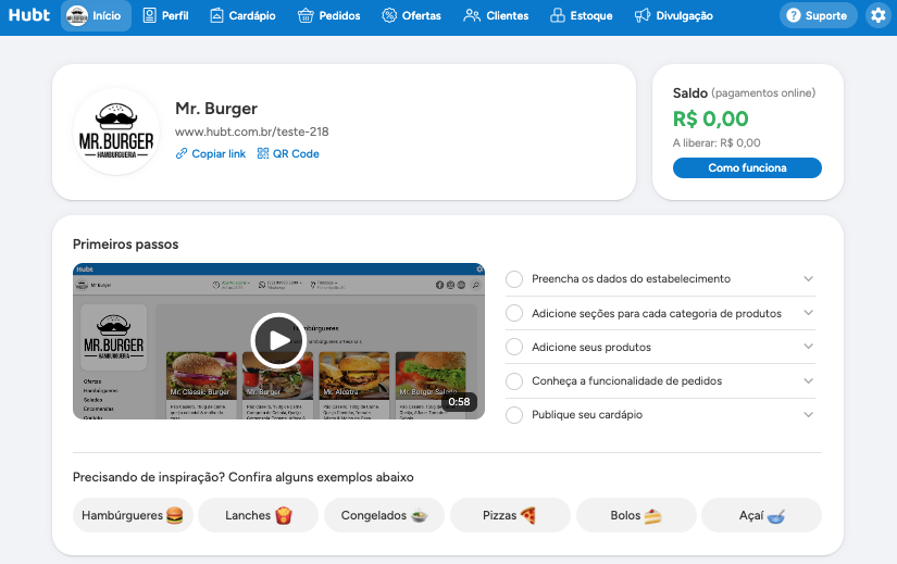 Tela de Início do Hubt com o cartão do Mr Burger, o bloco de saldo e o bloco Primeiros passos, com o vídeo e a lista de cinco tarefas