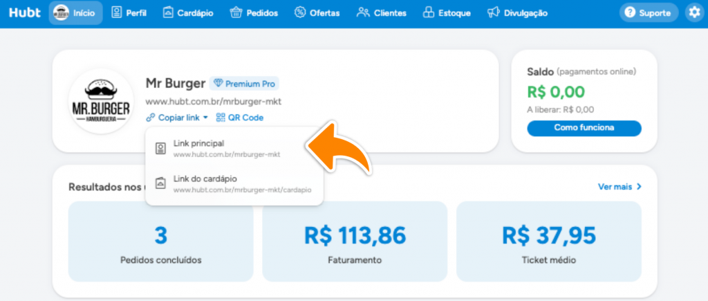 Tela de Início com o menu Copiar link aberto, mostrando Link principal e Link do cardápio