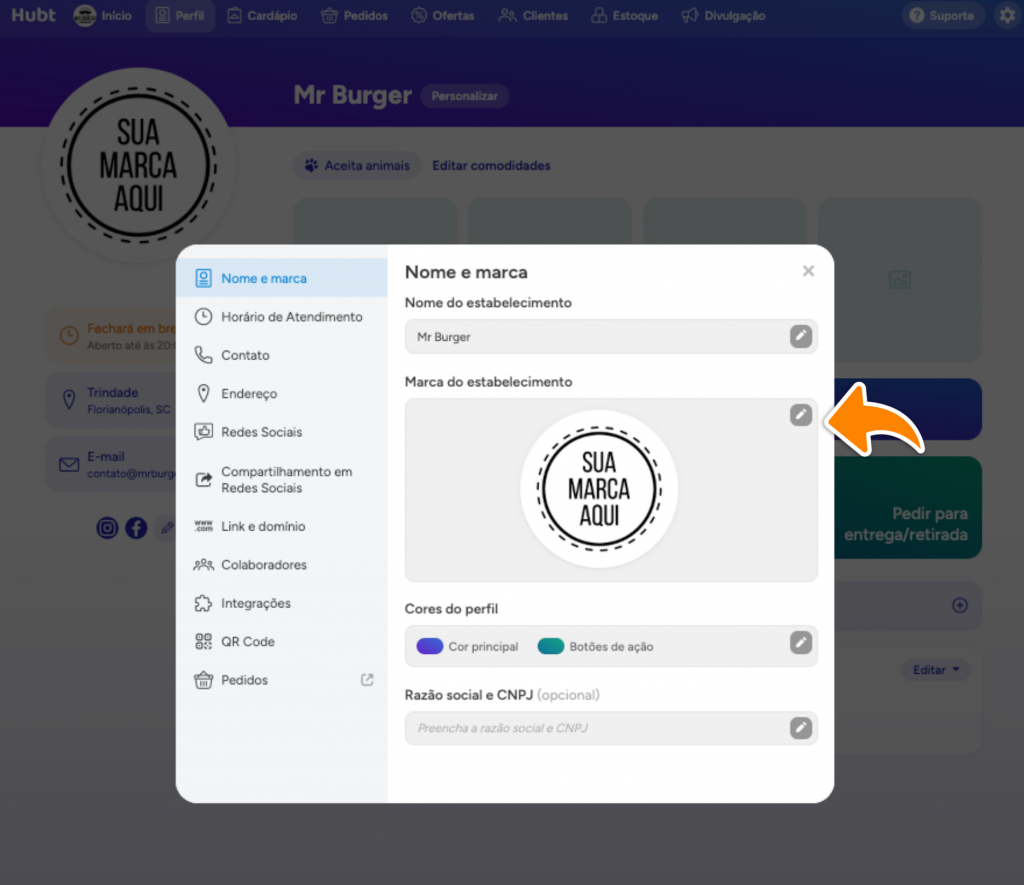 Janela Personalizar com a área da marca aberta, mostrando Alterar imagem, o controle de Tamanho e Resetar