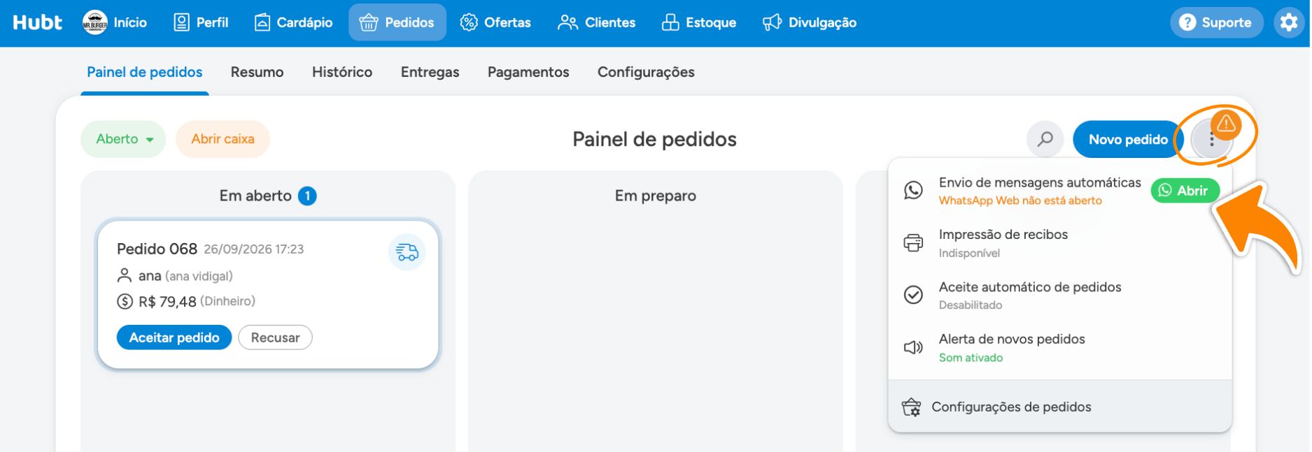 Menu dos três pontos com o aviso de que o WhatsApp Web não está aberto e o botão Abrir