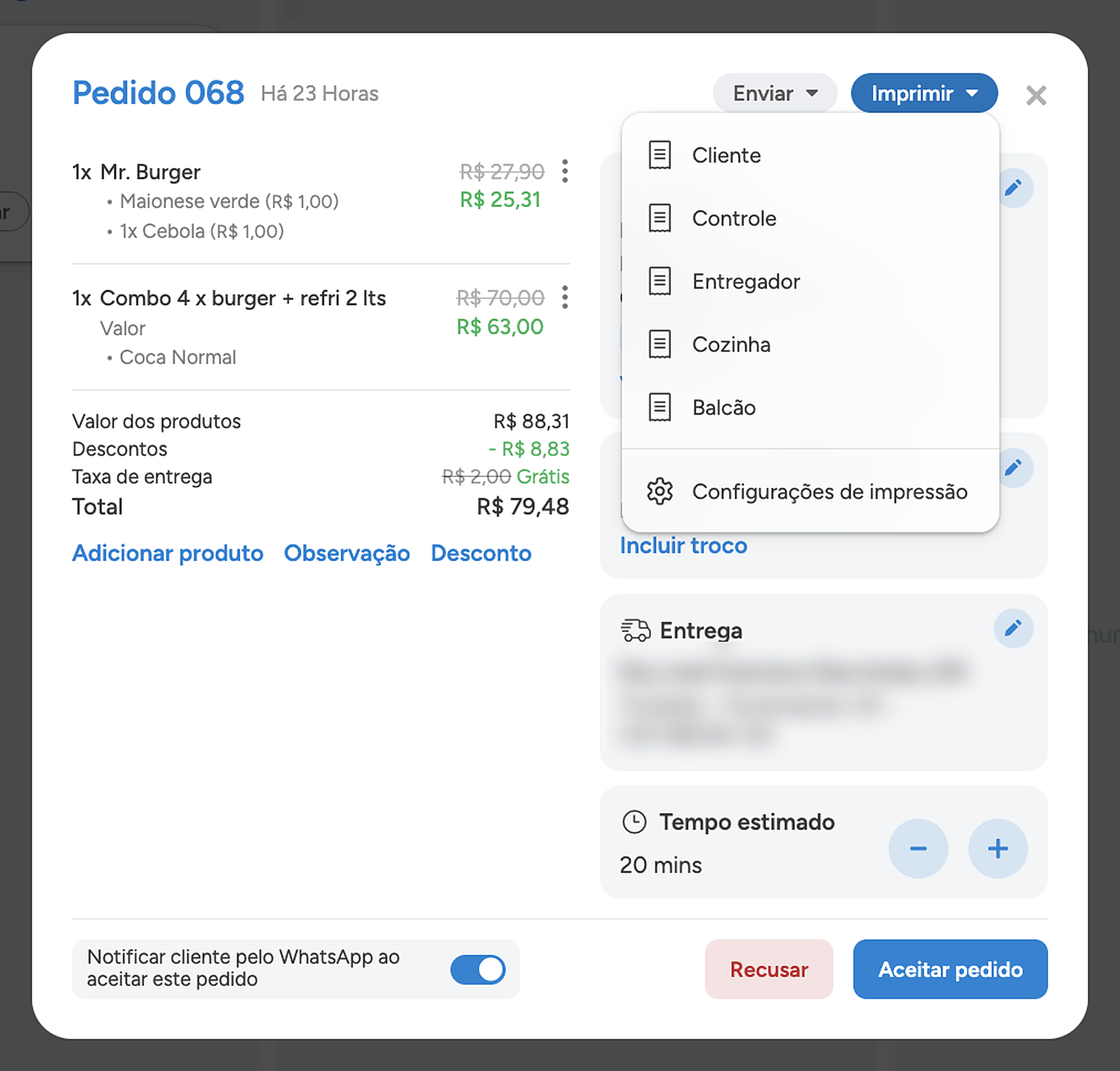 Pedido aberto no painel com o menu Imprimir mostrando as vias Cliente, Controle, Entregador, Cozinha e Balcão