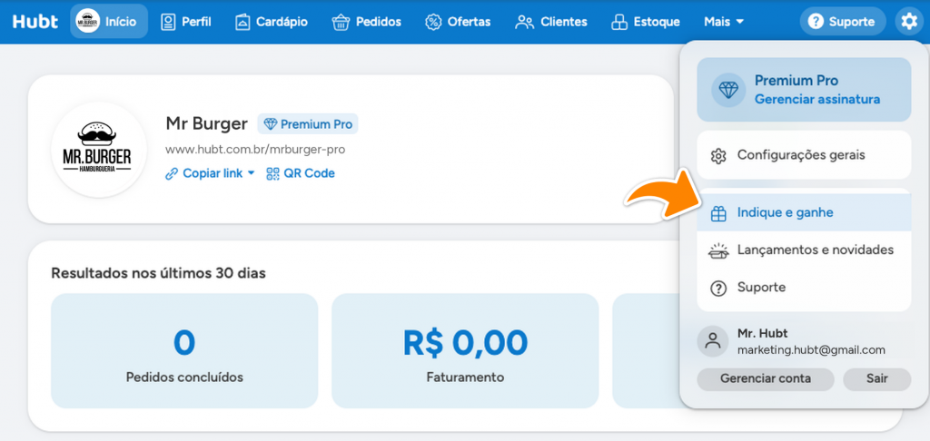 Menu da engrenagem aberto, com a seta laranja na opção Indique e ganhe