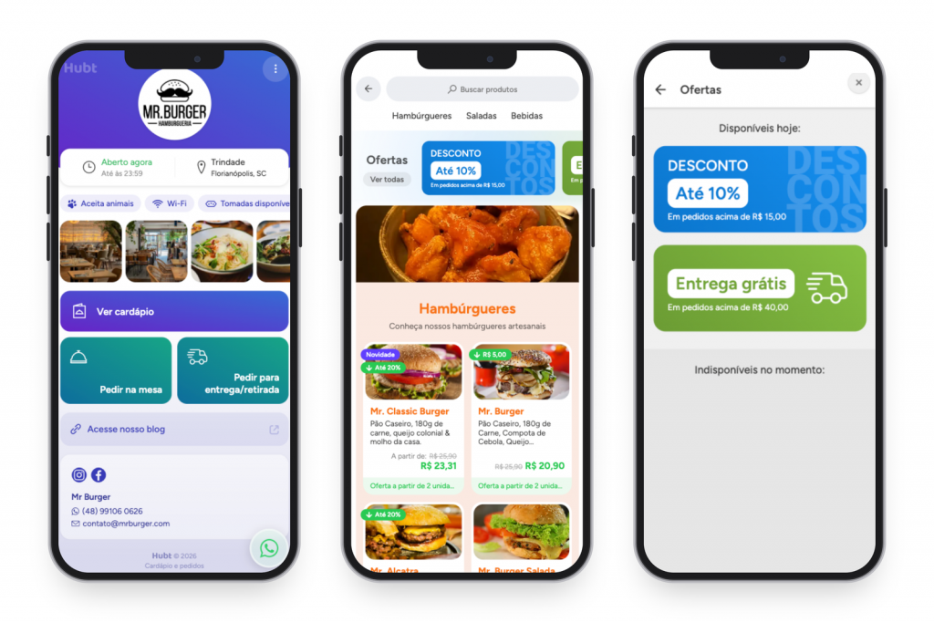 Perfil, cardápio e ofertas no celular com as cores do estabelecimento aplicadas